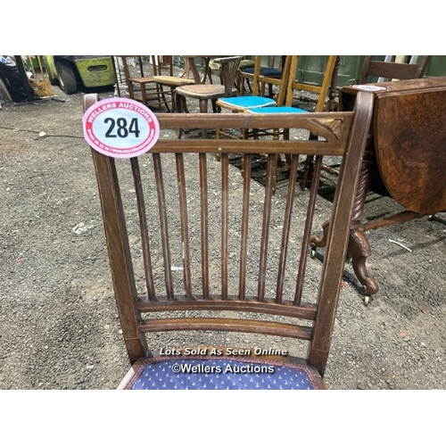 284 - Early 1900's oak framed dinnig chair with upholstered seat, 83cm (h) x 41cm (w) x 37cm (d) / Please ... 