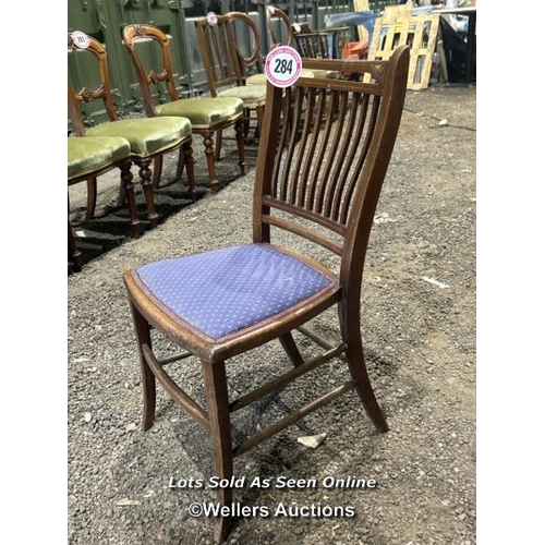 284 - Early 1900's oak framed dinnig chair with upholstered seat, 83cm (h) x 41cm (w) x 37cm (d) / Please ... 