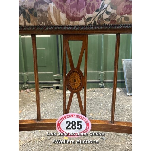 285 - A Victorian mahogany Sheraton revival nursing chair with upholstered floralette seat and head rest, ... 