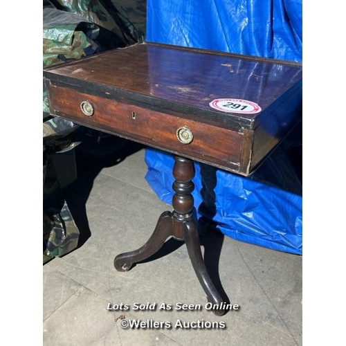 291 - A regency style mahogany occasional table on tripod base, with single oak lined drawer and original ... 