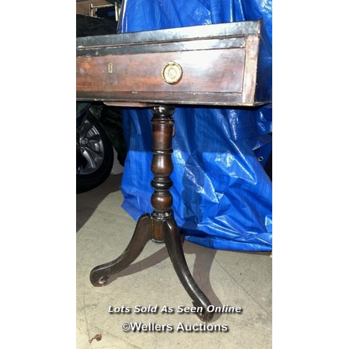 291 - A regency style mahogany occasional table on tripod base, with single oak lined drawer and original ... 