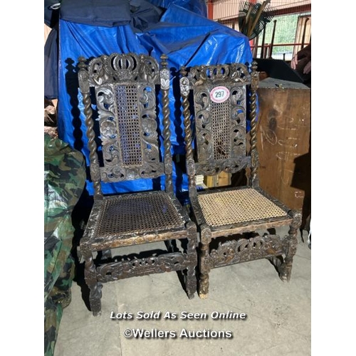 297 - A similar pair of Carolean style chairs, possibly walnut, profusely carved with barley twist sides, ... 