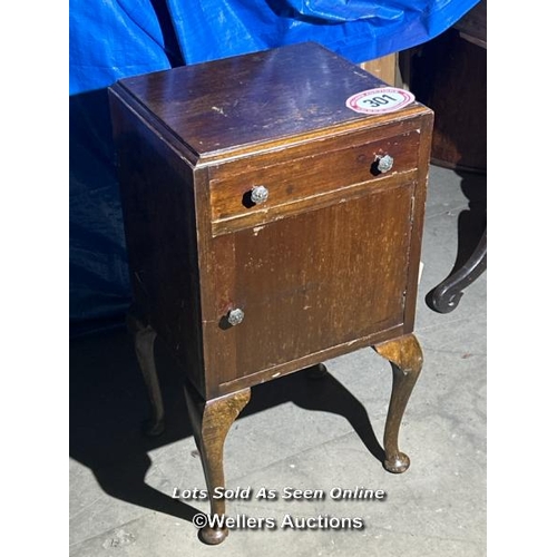 301 - A 1930's bedside cupboard with single upper drawer, cupboard below and original brass fittings on Ge... 