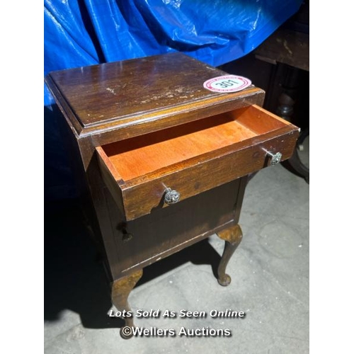 301 - A 1930's bedside cupboard with single upper drawer, cupboard below and original brass fittings on Ge... 