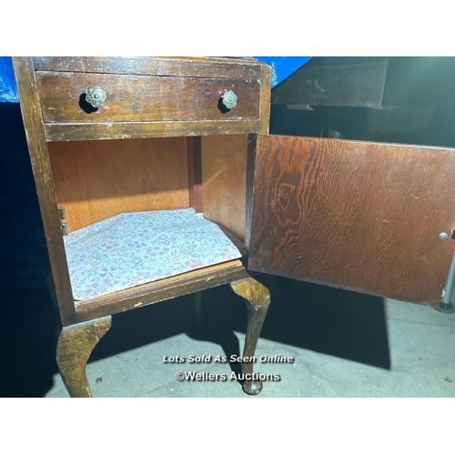 301 - A 1930's bedside cupboard with single upper drawer, cupboard below and original brass fittings on Ge... 