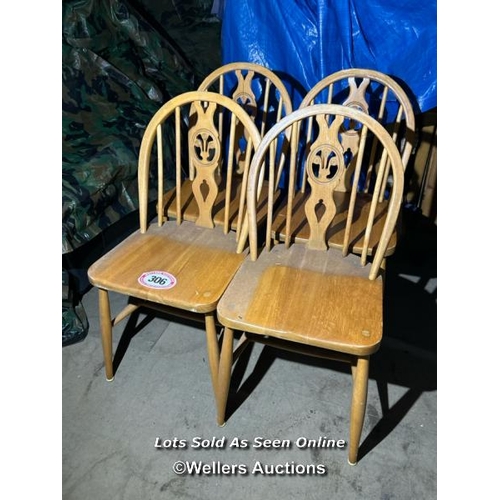 306 - Four ercol style stickback windsor chairs with Prince of Wales feather d�cor, 84cm (h) x 40cm (w) x ... 