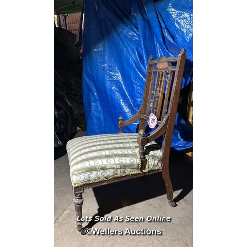 307 - A 1900's Sheraton revival nursing chair with upholstered seat on original casters, 77cm (h) x 48cm (... 