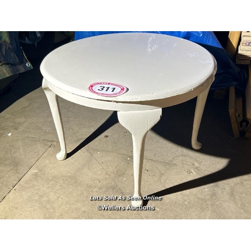 311 - A white painted circlar table on pad feet, 41cm (h) x 58cm (dia) / Please bring equipment and labour... 