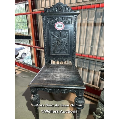 318 - A Victorian ebonised pussy oak carver chair, 112cm (h) x 49cm (w) x 46cm (d) / Please bring equipmen... 