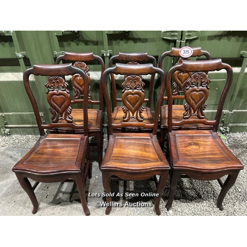 325 - Six 19th century Chinese hardwood chairs with carved heart shaped back, 93cm (h) x 41cm (w) x 38cm (... 