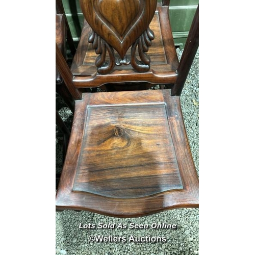 325 - Six 19th century Chinese hardwood chairs with carved heart shaped back, 93cm (h) x 41cm (w) x 38cm (... 