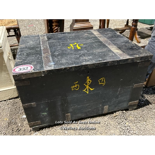 332 - Ebonised oak metal bound tin lined trunk with oriental symbols, 47cm (h) x 80cm (w) x 60cm (d) / Ple... 