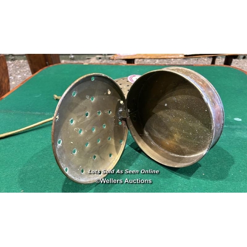 335 - Two brass chestnut roaster, 53cm (l) / Please bring equipment and labour to assist with removal of a... 