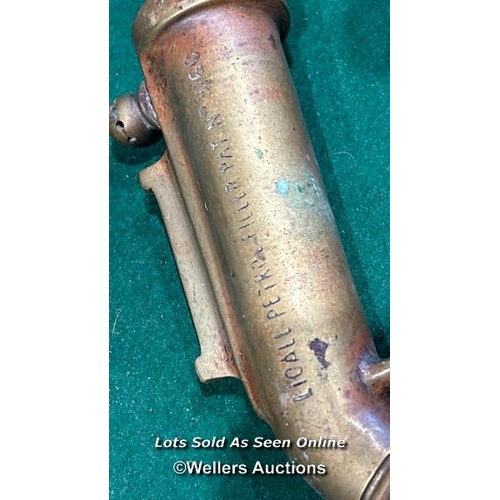 349 - A brass petrol pump nozzle, 17cm (l) / Please bring equipment and labour to assist with removal of a... 