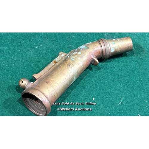 349 - A brass petrol pump nozzle, 17cm (l) / Please bring equipment and labour to assist with removal of a... 