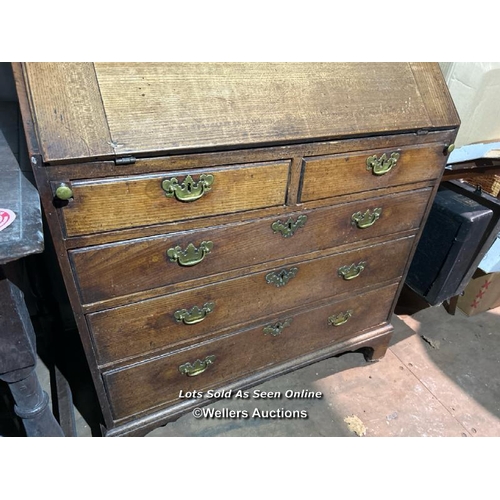 351 - A George III five drawer oak bureau with swan neck drop handles, 112cm (h) x 92cm (w) x 50cm (d) / P... 