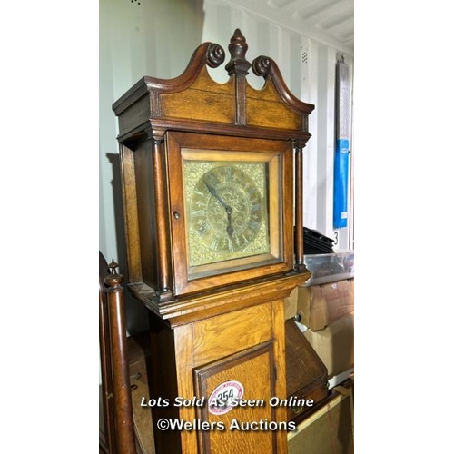 354 - Long case clock in oak frame by Nicholas Heymar, 205cm (h) x 46cm (w) x 23cm (d) / Please bring equi... 