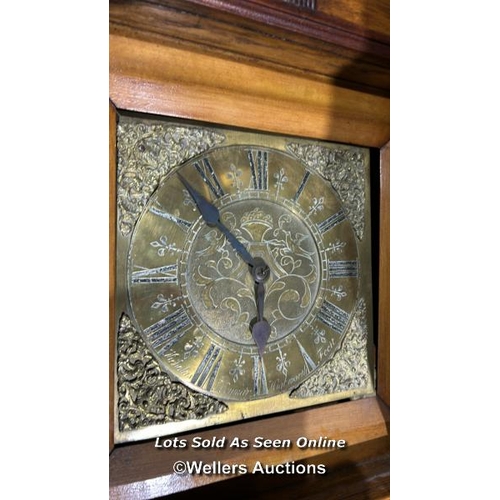 354 - Long case clock in oak frame by Nicholas Heymar, 205cm (h) x 46cm (w) x 23cm (d) / Please bring equi... 