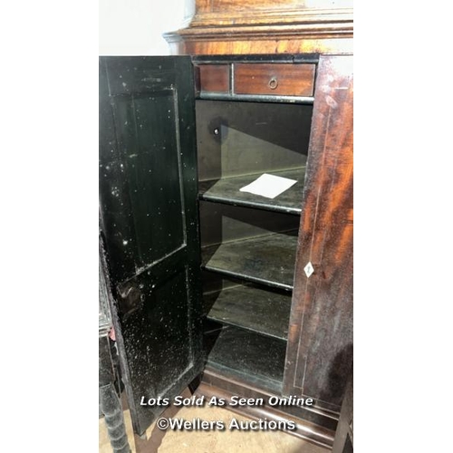 365 - Early 19th century Georgian flame mahogany corner cupboard with three internal shelves and two spice... 