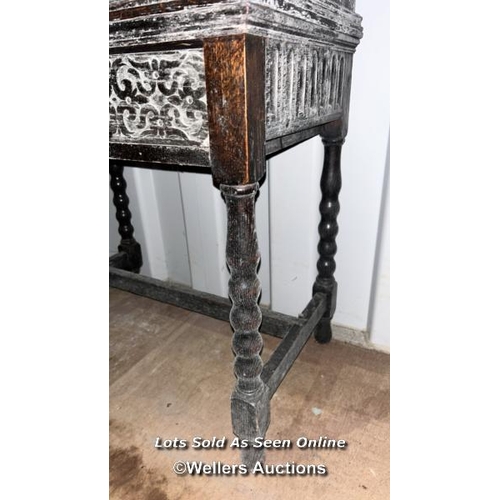 366 - A profusely carved oak bible box raised on barley twist legs with drawer beneath, 90cm (h) x 65cm (w... 