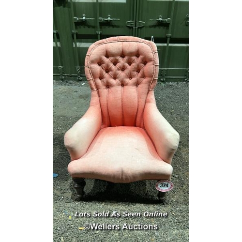 374 - A Victorian armchair with pink and buttoned upholstery, 97cm (h) x 68cm (w) x 51cm (d) / Please brin... 