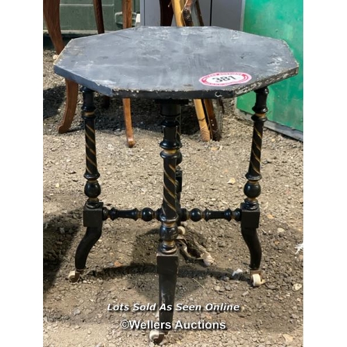 381 - Aesthetic period gypsy type table, on ebonised and gold colored base, 84cm (h) x 53sq. / Please brin... 