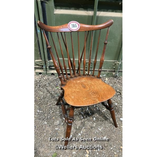 386 - A beech and elm stickback farmhouse chair, 85cm (h) x 42cm (w) x 49cm (d) / Please bring equipment a... 