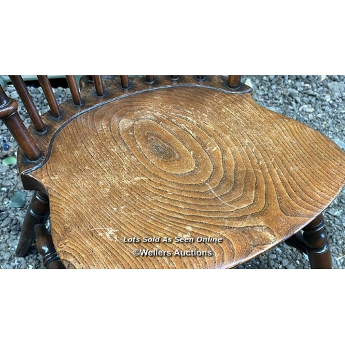 386 - A beech and elm stickback farmhouse chair, 85cm (h) x 42cm (w) x 49cm (d) / Please bring equipment a... 