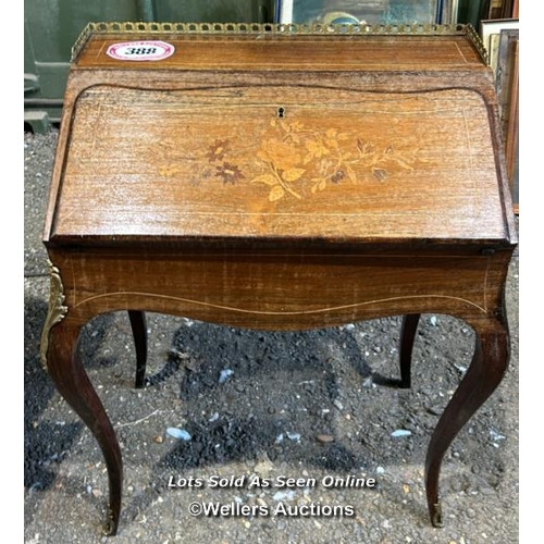 388 - A French rosewood inlaid bonheur de jour, with green felt insert, three drawers and internal storage... 