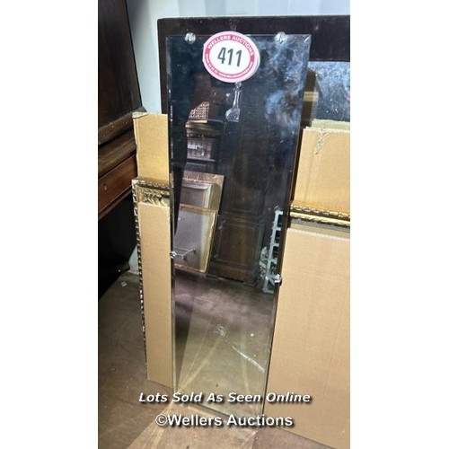 411 - c.1950's rectangular bevel edged mirror, 97cm (h) x 28cm (w) / Please bring equipment and labour to ... 