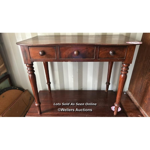 418 - A Victorian mahogany three drawer side table on turned legs, top requires reattaching, 76cm (h) x 97... 