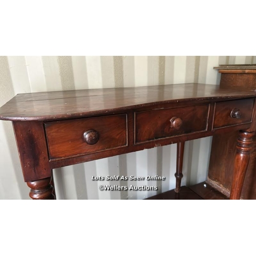 418 - A Victorian mahogany three drawer side table on turned legs, top requires reattaching, 76cm (h) x 97... 