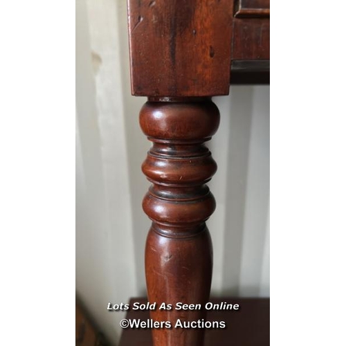 418 - A Victorian mahogany three drawer side table on turned legs, top requires reattaching, 76cm (h) x 97... 