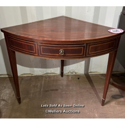 426 - Edwardian Sheraton revival mahogany inlaid corner console table with central drawer, 74cm (h) x 85cm... 