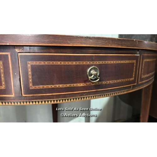 426 - Edwardian Sheraton revival mahogany inlaid corner console table with central drawer, 74cm (h) x 85cm... 