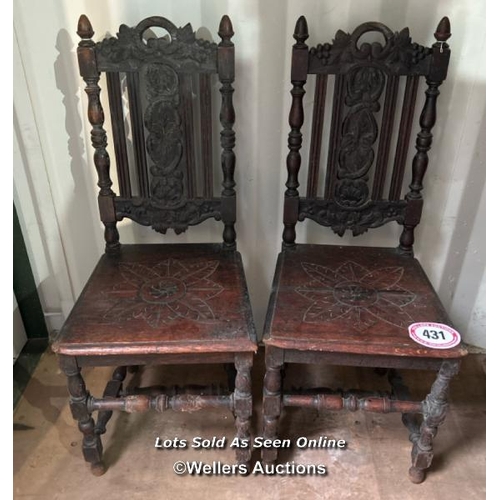 431 - A pair Victorian of oak carver chairs in the Carolean style, 103cm (h) x 44cm (w) x 41cm (d) / Pleas... 