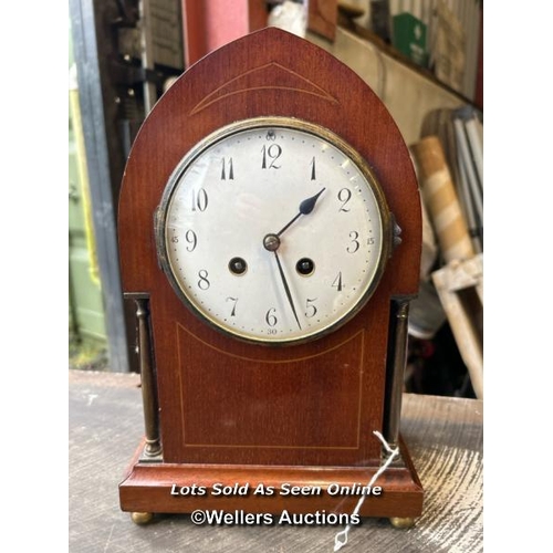 434 - Mahogany mantle clock, 30cm (h) / Please bring equipment and labour to assist with removal of all lo... 