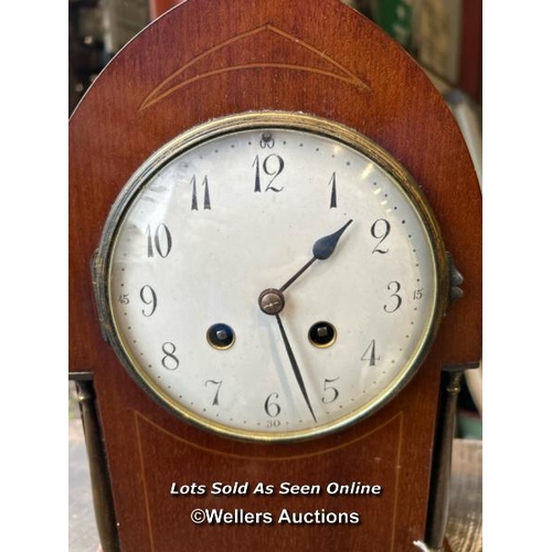 434 - Mahogany mantle clock, 30cm (h) / Please bring equipment and labour to assist with removal of all lo... 