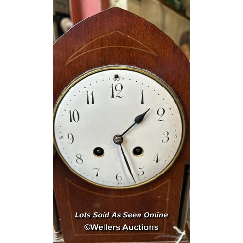 434 - Mahogany mantle clock, 30cm (h) / Please bring equipment and labour to assist with removal of all lo... 