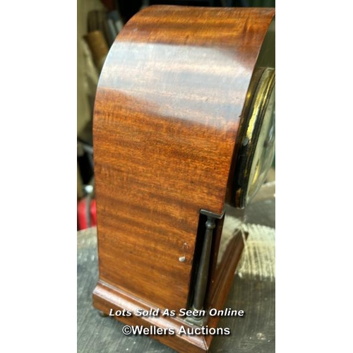 434 - Mahogany mantle clock, 30cm (h) / Please bring equipment and labour to assist with removal of all lo... 