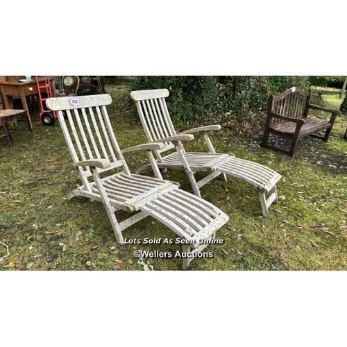 436 - A pair of Tuchique teak steamer chairs, 94cm (h) x 60cm (w) x 144cm (l) / Please bring equipment and... 