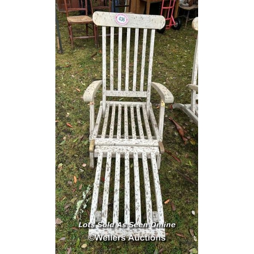 436 - A pair of Tuchique teak steamer chairs, 94cm (h) x 60cm (w) x 144cm (l) / Please bring equipment and... 