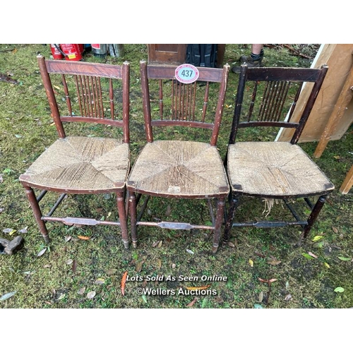 437 - Three French farmhouse chairs with rope seat, 86cm (h) x 45cm (w) x 40cm (d) / Please bring equipmen... 