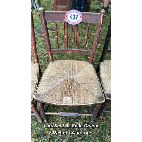 437 - Three French farmhouse chairs with rope seat, 86cm (h) x 45cm (w) x 40cm (d) / Please bring equipmen... 