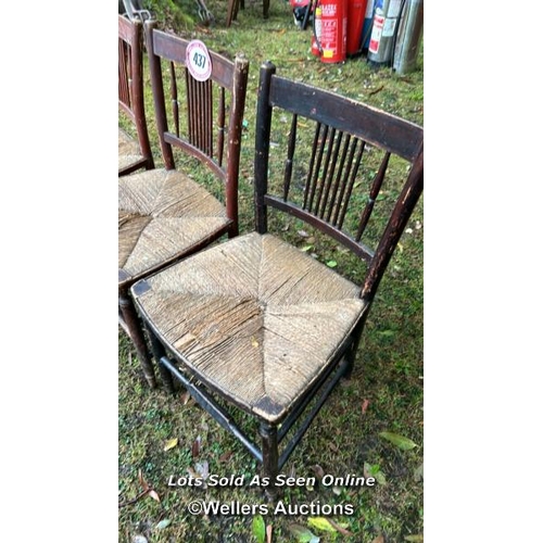 437 - Three French farmhouse chairs with rope seat, 86cm (h) x 45cm (w) x 40cm (d) / Please bring equipmen... 