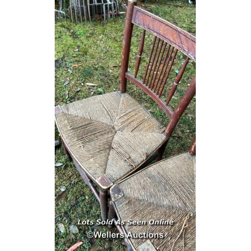 437 - Three French farmhouse chairs with rope seat, 86cm (h) x 45cm (w) x 40cm (d) / Please bring equipmen... 