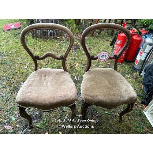 444 - A pair of Victorian mahogany bloomback dining chairs with upholstered seat, 90cm (h) x 46cm (w) x 40... 