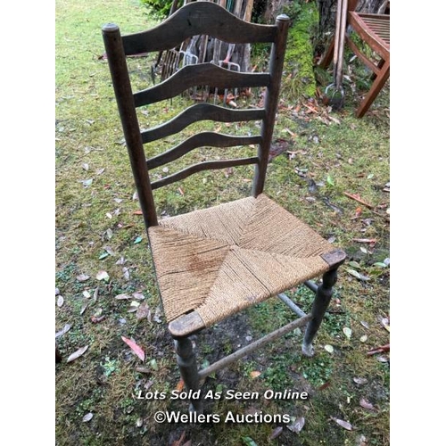 447 - A Victorian English oak ladder back chair with string seat and pad feet, 91cm (h) x 46cm (w) x 34cm ... 