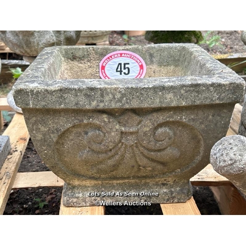 45 - Reconstituted stone planter with motif, 25cm (h) x 35cm square / Please bring equipment and labour t... 