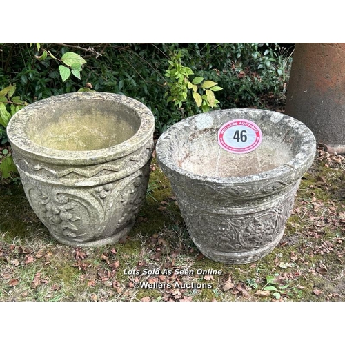 46 - Two round planters, largest 28cm (h) x 32cm (w) / Please bring equipment and labour to assist with r... 